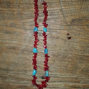 Turquoise and coral beaded necklace